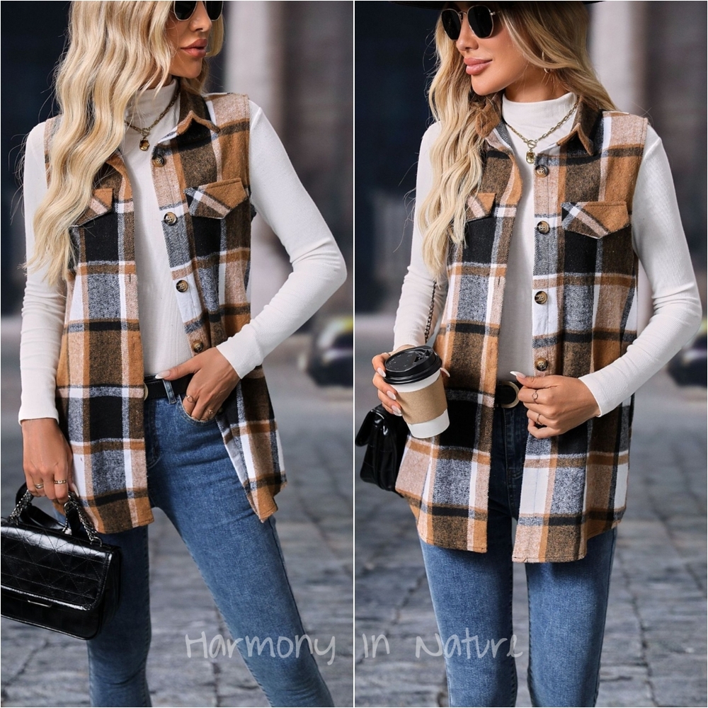 Sarah Plaid Charm Vest - Camel